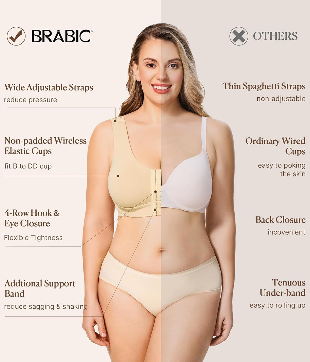 BRABIC Womens Wireless Front Closure Bra Post Surgery Compression Mastectomy Surgical Support Full Coverage Bralette