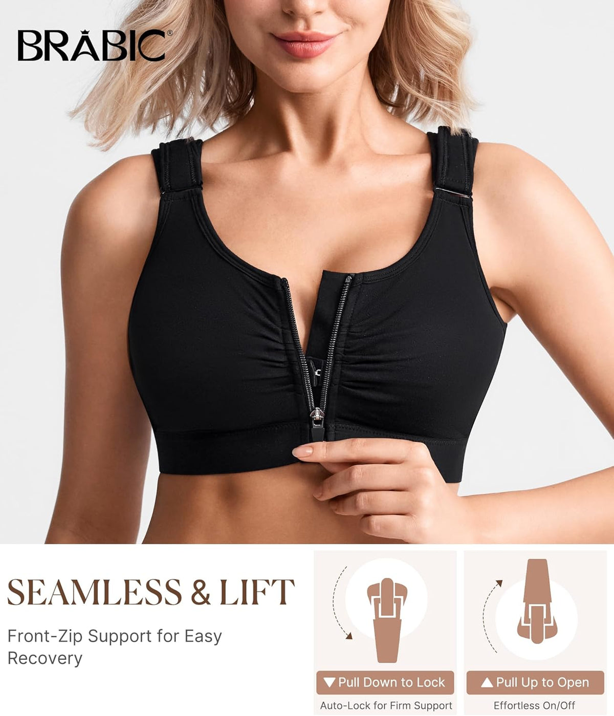 BRABIC Zip Front Closure Everyday Bra for Women Post Surgery Compression Support with Adjustable Straps Wirefree