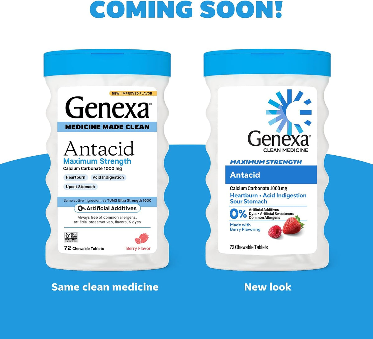 Genexa Antacid Made Clean, 72 Chewable Tablets, Berry Flavor | Calcium Carbonate Maximum Strength, Dye Free, 0% Artificial Additives, Heartburn, Acid Indigestion & Upset Stomach Relief