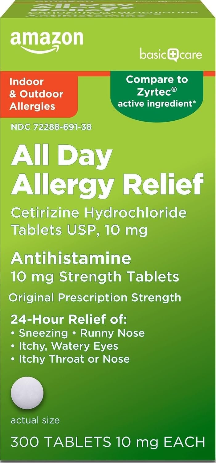 Amazon Basic Care All Day Allergy, Cetirizine Hydrochloride Tablets, 10 mg, 24-Hour Relief for Allergy, 300 Count (Packaging may vary)