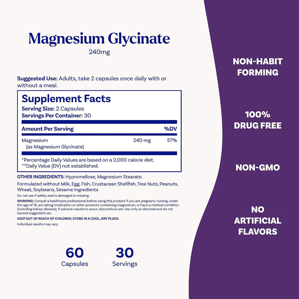 Natrol High Absorption Magnesium Glycinate 240 mg, 60 Capsules | Supports Healthy Sleep & Body, Gentle on Stomach, Supports Muscle Relaxation, Heart, Bone, Nerve & Brain Health