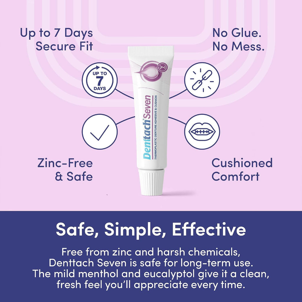 Denttach Seven Denture Adhesive, Thermoplastic Denture Adhesive Up to 7 Days, Extra Strong Waterproof, Secure Denture Grip & Cushion, Refit, Reliner for Upper & Lower Dentures, Comfortable, Zinc Free