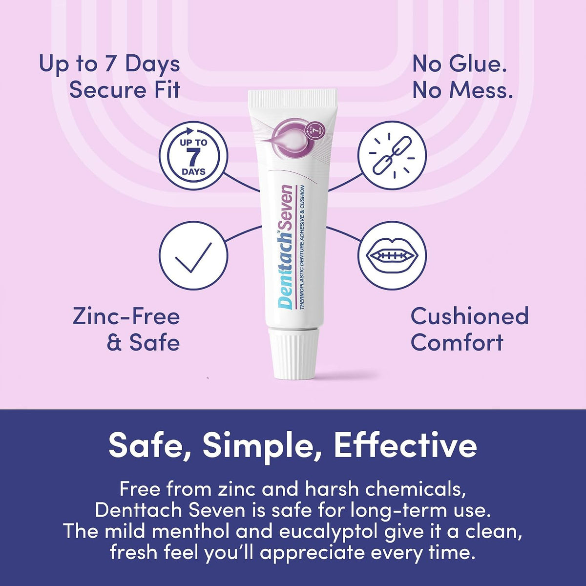 Denttach Seven Denture Adhesive, Thermoplastic Denture Adhesive Up to 7 Days, Extra Strong Waterproof, Secure Denture Grip & Cushion, Refit, Reliner for Upper & Lower Dentures, Comfortable, Zinc Free