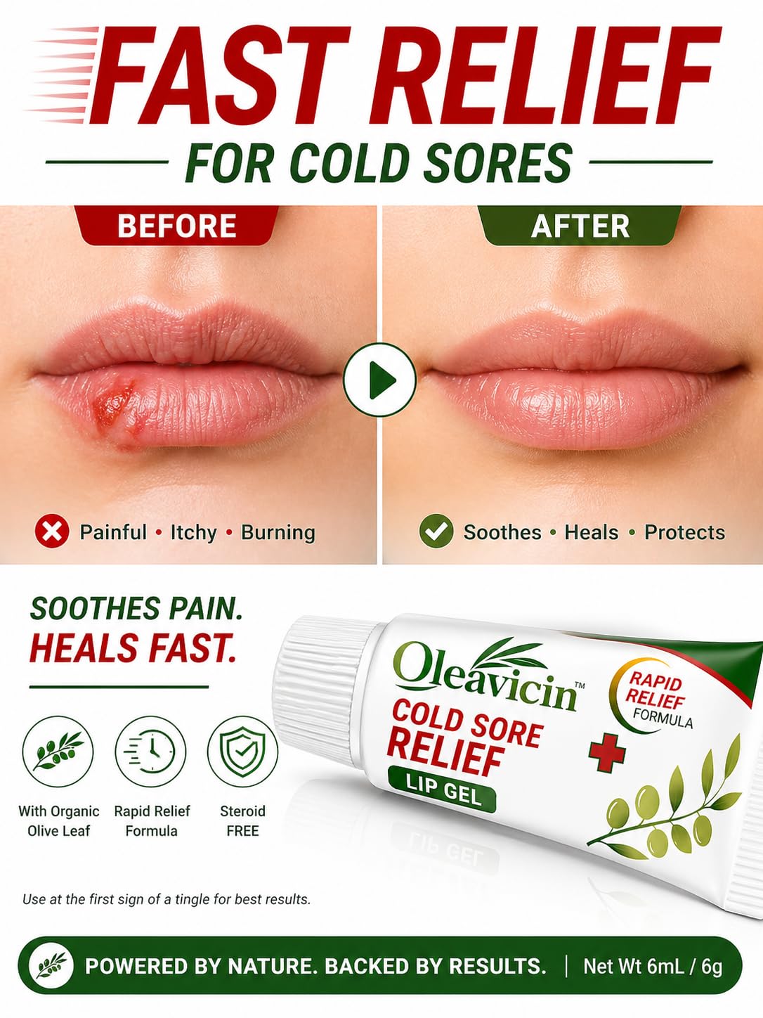 Oleavicin Cold Sore & Fever Blister Treatment Lip Gel (2 Pack) - Fast-Acting Relief for Cold Sores & Canker Sores - Organic Olive Leaf Extract - Soothing & Hydrating Lip Care - 0.2 oz Each