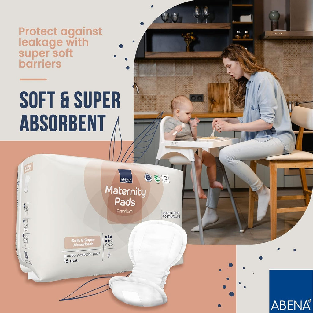 Abena New Mom Maternity Pads for Women - 15 Count, Super Absorption, Soft Disposable Pads for After-Delivery Incontinence (Box of 18)