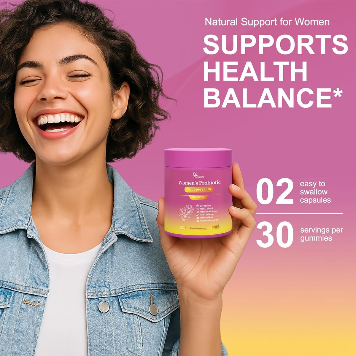 Her Juicy Women's Probiotic Gummies: Supports Women’s Wellness & pH Balance, Clean Vegan, Pineapple Flavor, Prebiotics & Lactobacillus Blend, with Slippery Elm, Gut Health & Immune Defense, 60 Gummies