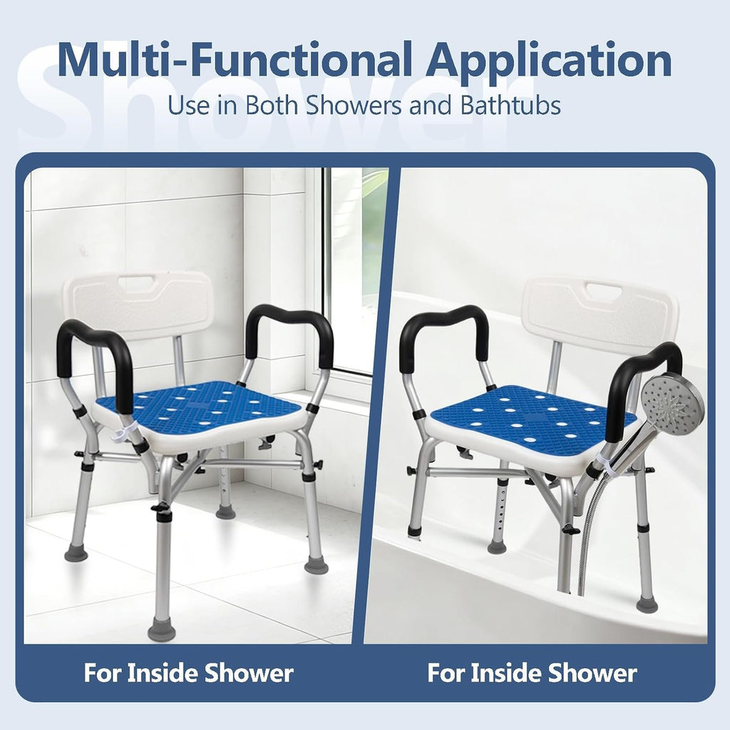 Shower Chair for Inside Shower 500lbs - Bariatric Shower Seat with Arms & Back, 6 Height Adjustment & Reinforced Crossbars for Elderly/Disabled Adults, Blue
