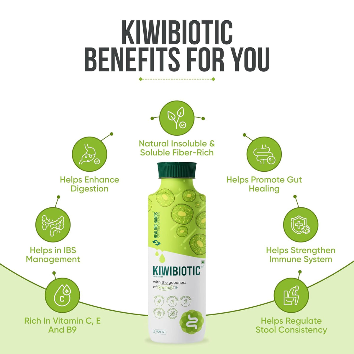 Healing Hands KiwiBiotic Prebiotic Juice for Healthy Gut and Immunity - 500 ml with Kiwifruit Nutrients, Insoluble & Soluble Prebiotic Fibers, Supports Digestion & Gut Health