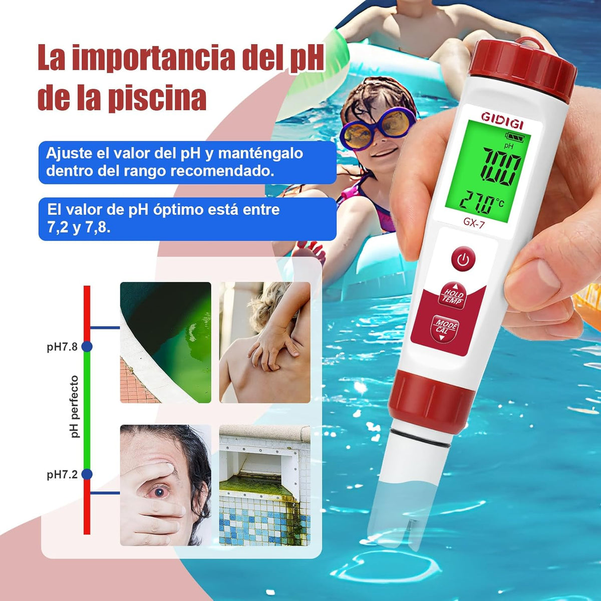 Digital Chlorine and pH Meter, 7 in 1 Pool pH and Chlorine Tester, ORP Meter Chlorine Salt EC PPM, Test Salt and FAC of Pools, Hydroponics and Salt Water Fish Tank TDS Meter Drinking Water