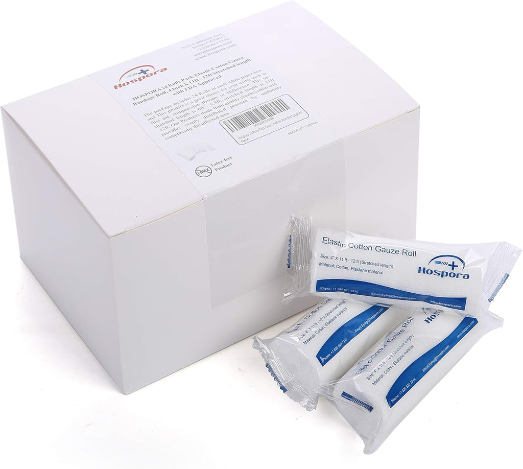 Hospora Medical Elastic Cotton Conforming Gauze Roll, 4 Inches, Individual Pack, First Aid Rolled Stretch Gauze, 24 Packs