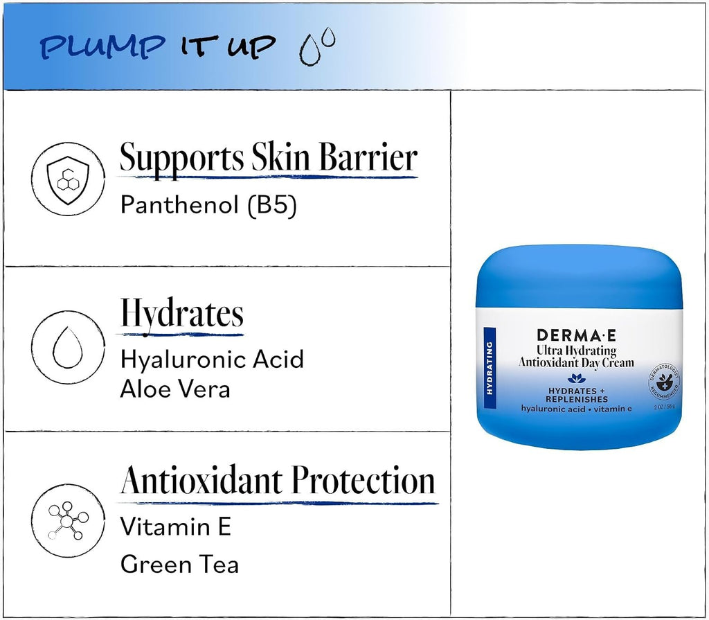Derma E Ultra Hydrating Antioxidant Day Cream – Face Moisturizer with Hyaluronic Acid, Squalane, and Ceramides to Smooth and Nourish, Hydrating Face Moisturizer for Sensitive Skin, 2 Fl Oz