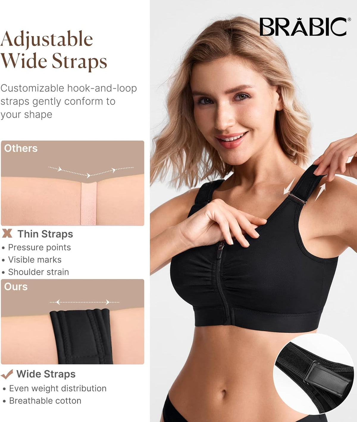 BRABIC Zip Front Closure Everyday Bra for Women Post Surgery Compression Support with Adjustable Straps Wirefree