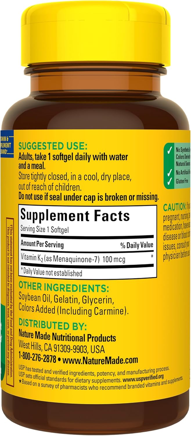 Nature Made Vitamin K2 100 mcg, 30 Softgels | Vitamin K2 Supplement, Vitamin K2 MK7 Form to Help Support Healthy Bones, USP Verified, 30 Day Supply