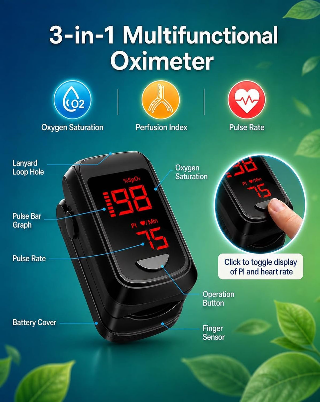 HOLFENRY Pulse Oximeter Fingertip - Large Display Oxygen Monitor Fingertip with Fast 5-8s Reading for SpO2/Heart Rate/PI, Accurate Pulse Ox for Home/Sports/Travel, Batteries & Lanyard Included