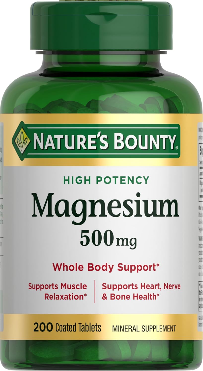 Nature's Bounty Magnesium 500 mg Tablets, High Potency Magnesium Supplement for Bone & Muscle Health, Whole Body Support, 200 Count (Pack of 1)