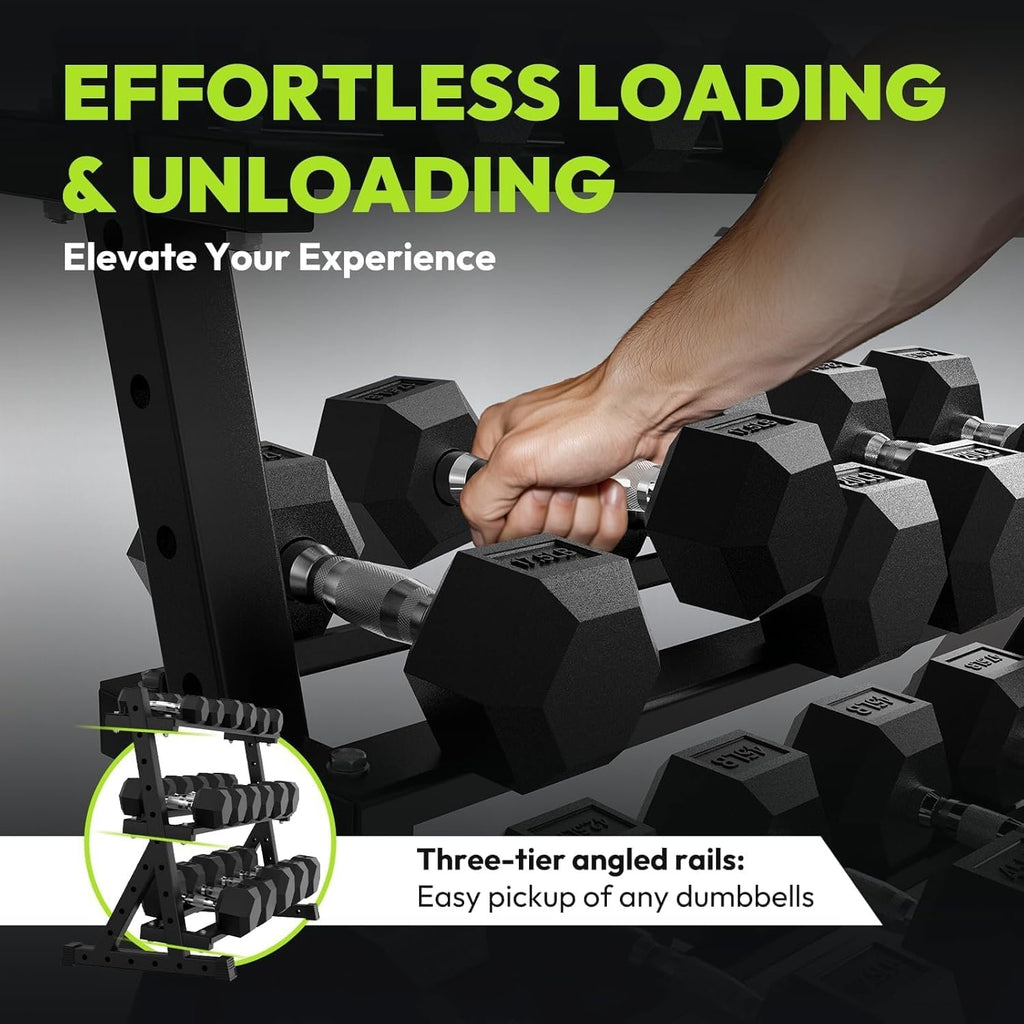 HANDBODE Rubber Coated Hex Dumbbell Set with Rack, 300-840 lb