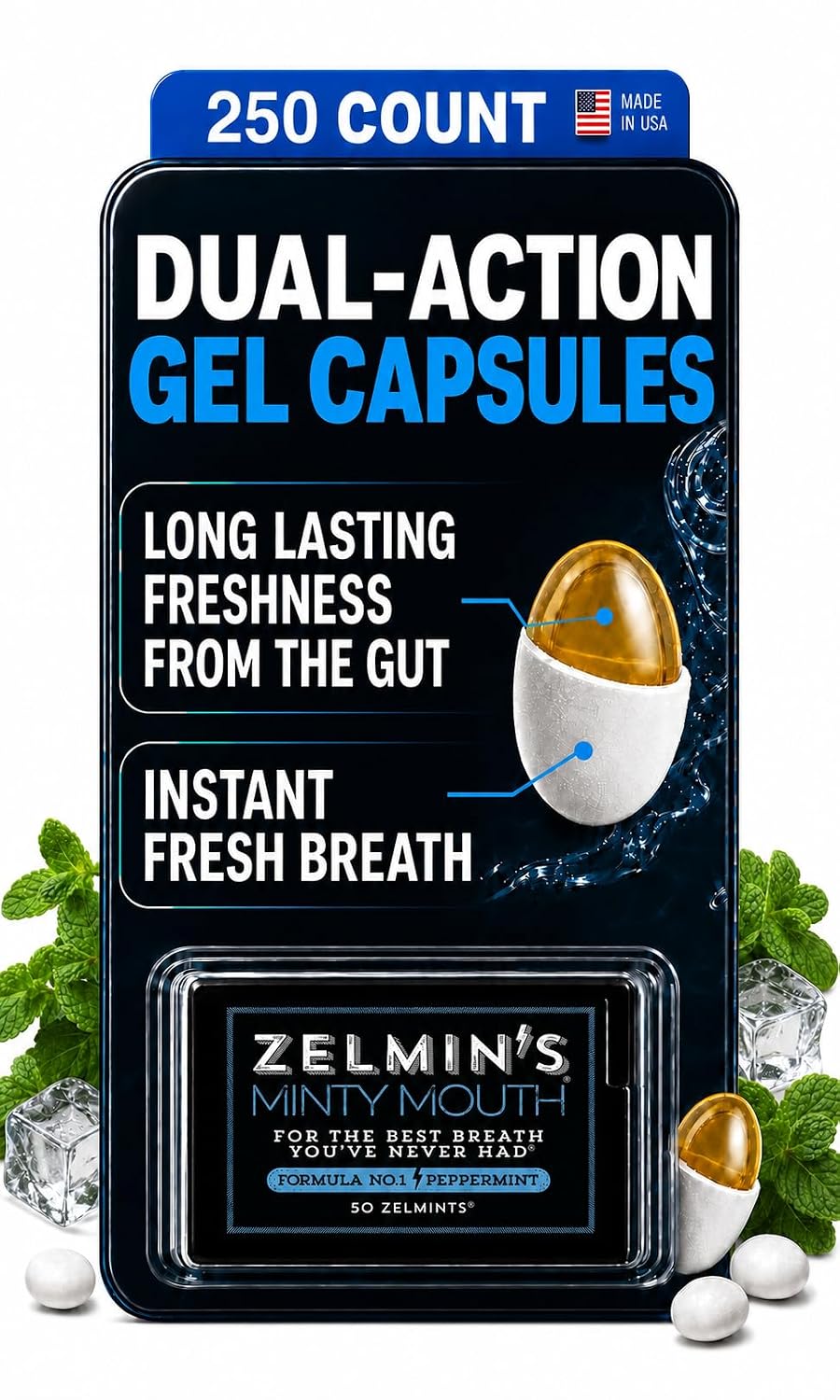 Zelmin's Breath Mints – Parsley Seed Oil Capsules, Peppermint 5 Pack | Dual Action Halitosis & Bad Breath Treatment - Garlic, Onion & Coffee Breath - Helps Dry Mouth - Keto, Gluten-Free, 250 Ct