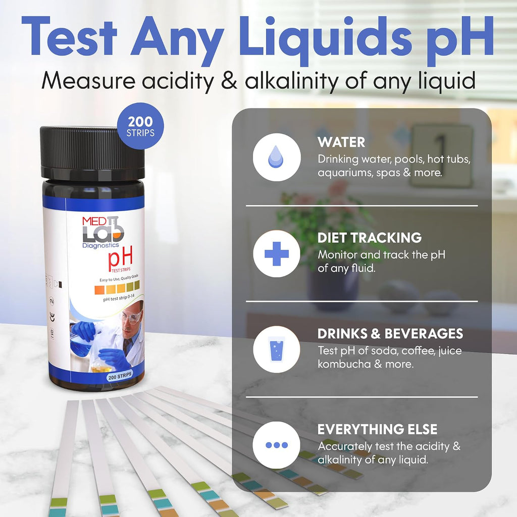 Med Lab 200 Universal pH Test Strips (0-14) for Water, Pool, Spa, Aquarium