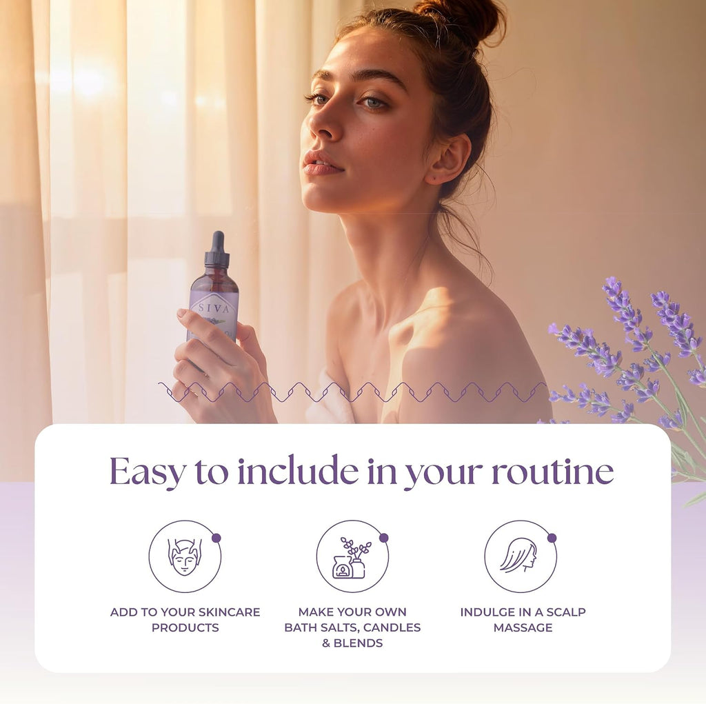 Siva Lavender Essential Oil, Glass Bottle with Dropper, 4 Fl Oz (118 ml) | Lavender Oil for Diffuser, Humidifier, Linen Spray, Skin Care, Hair Care, Body Massage, Soap, Candle, Bath Salt & DIY Blends
