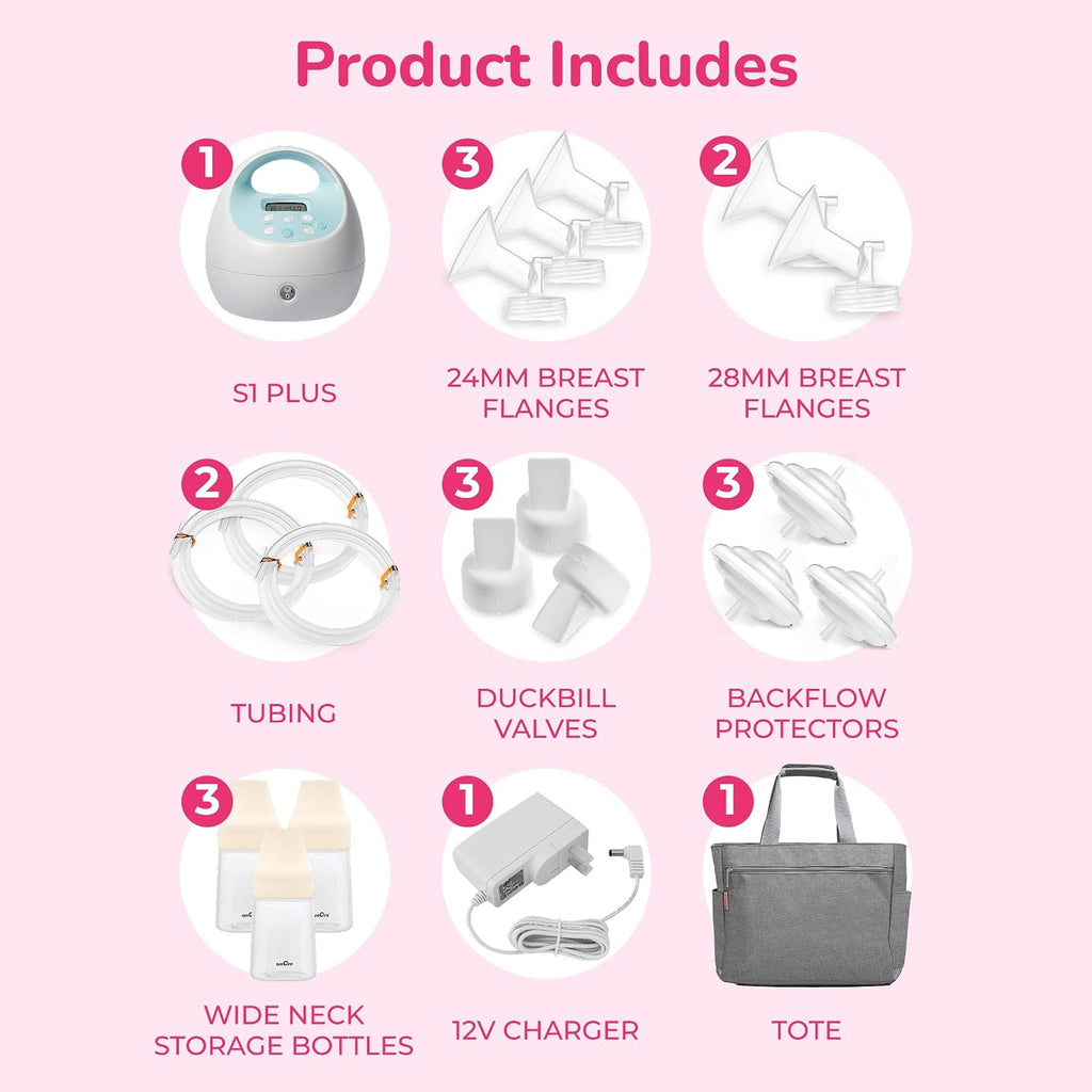Spectra Baby S1 Plus Premier Portable Rechargeable Breast Pump with Tote Bag and Premium Accessory Kit - 24mm