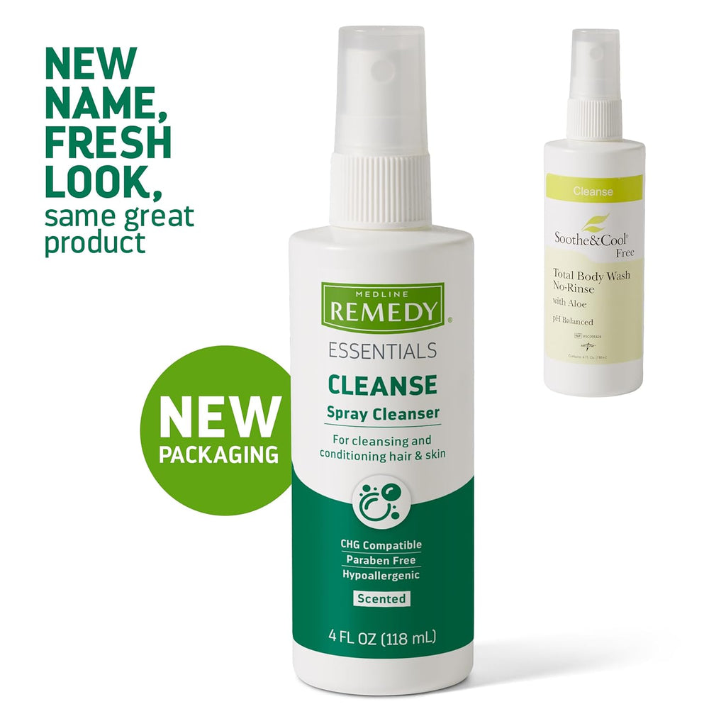 Medline Remedy Essentials Spray Cleanser (4 fl oz Spray), 1 Count, Scented, Full Body Cleanser & Shampoo, Sulfate Free, Gentle Body Wash, For Men & Women, Incontinence Cleaning, Bedside Cleansing