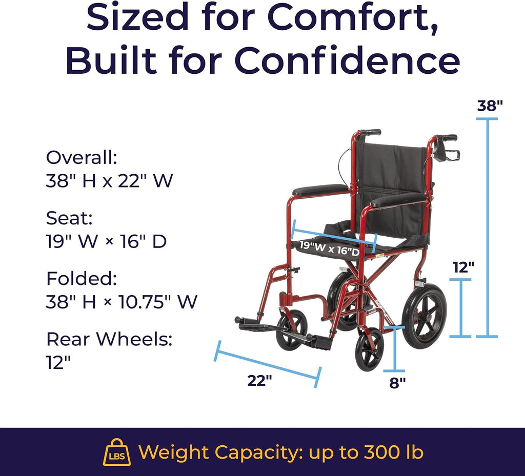 Lightweight Expedition Transport Wheelchair with Hand Brakes, Red | Transport Wheelchair Featuring Lightweight Expedition Frame with Hand Brakes for Safety Daily for Everyday Use