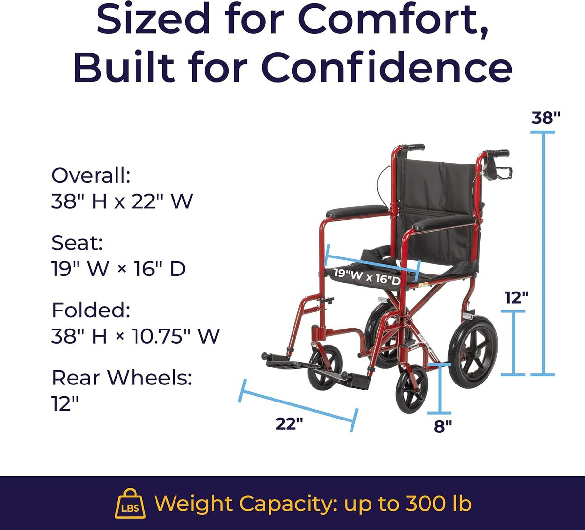Lightweight Expedition Transport Wheelchair with Hand Brakes, Red | Transport Wheelchair Featuring Lightweight Expedition Frame with Hand Brakes for Safety Daily for Everyday Use