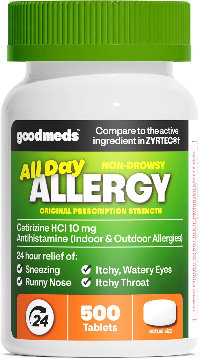 24-Hour Allergy Medicine 500-Count Non-Drowsy Antihistamine for Pollen, Hay Fever, Dry, Itchy Eyes, Allergies | Cetirizine HCl 10mg Tablets, Compare to Leading Brand