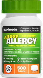 24-Hour Allergy Medicine 500-Count Non-Drowsy Antihistamine for Pollen, Hay Fever, Dry, Itchy Eyes, Allergies | Cetirizine HCl 10mg Tablets, Compare to Leading Brand