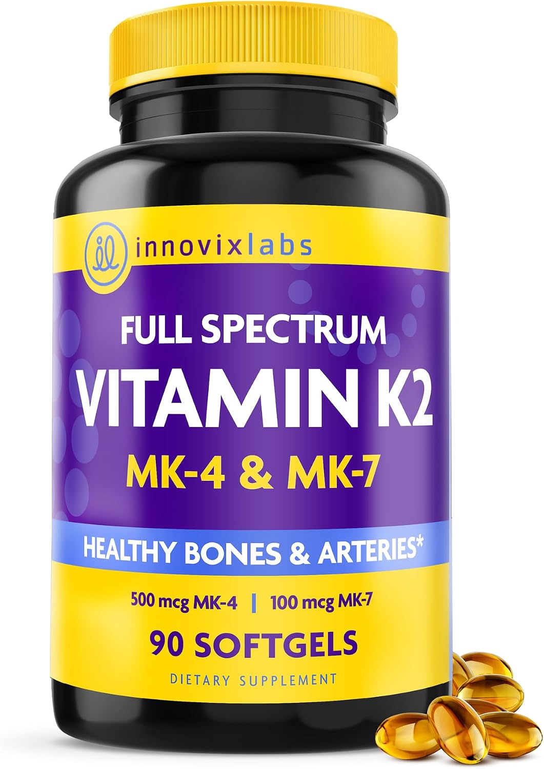 InnovixLabs Full Spectrum Vitamin K2 MK7 + MK4, 600 mcg (90 Softgels)