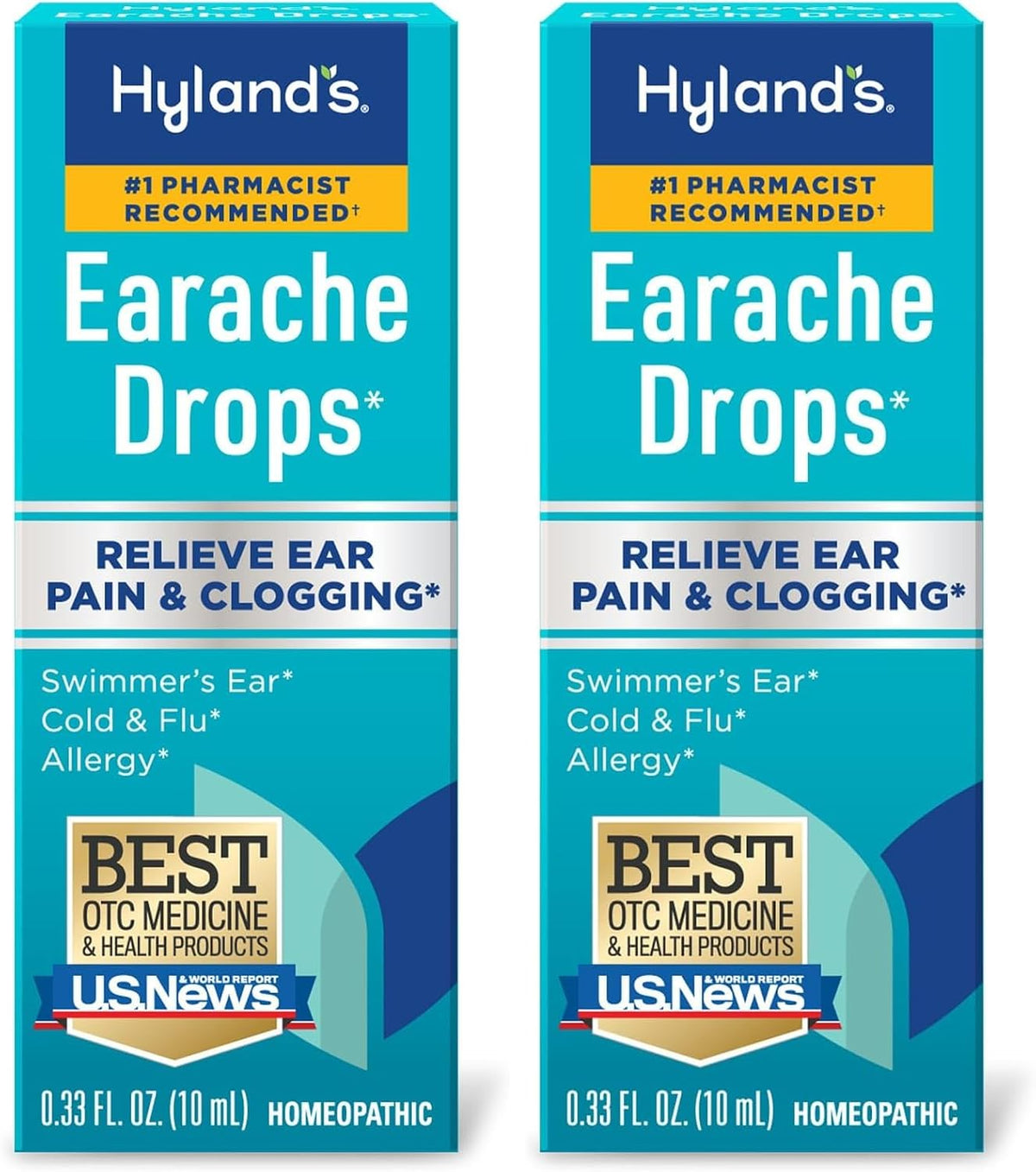 Hyland's Earache Drops, Natural Relief of Swimmer's Ear, Cold and Flu, Allergy Symptoms, Ages 4 and up, Day & Night, 0.33 Fl Oz (Pack of 2)