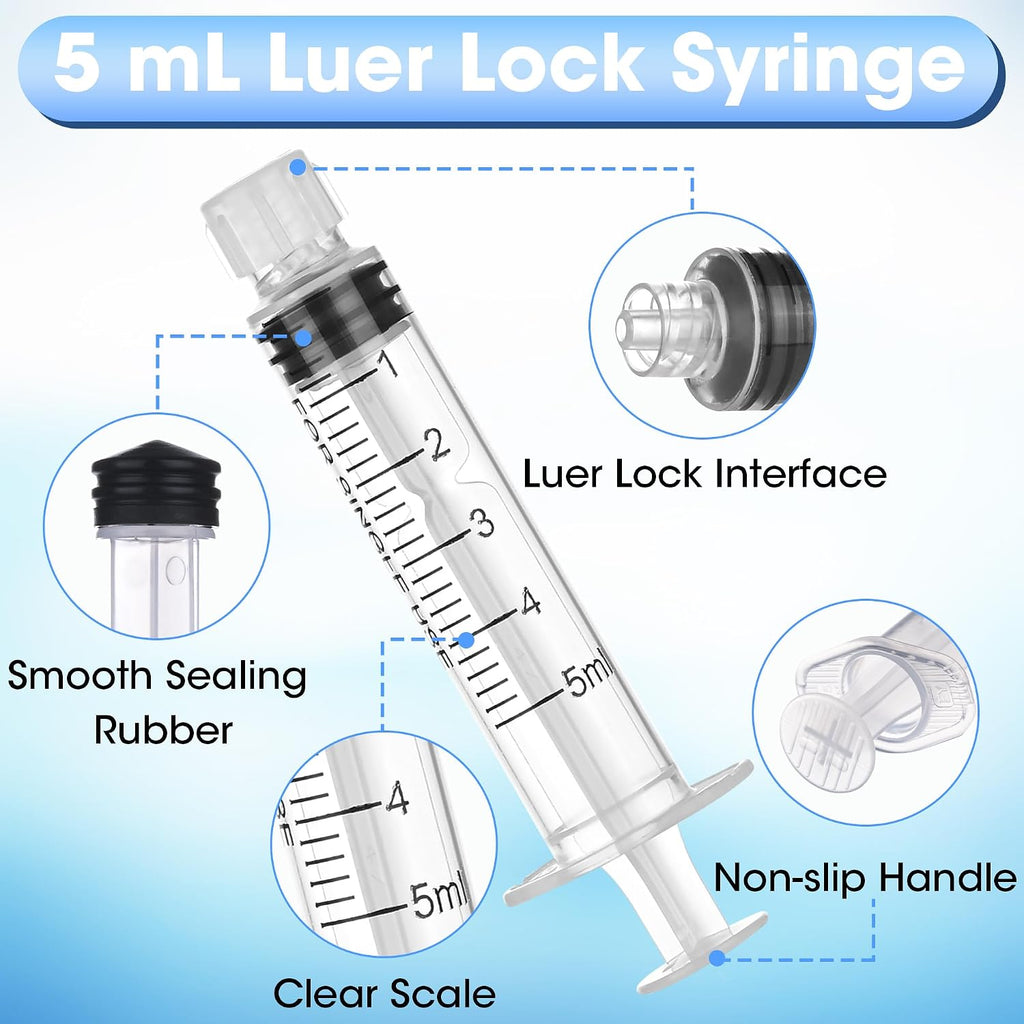 50Pack 5ml/cc Luer Lock Syringe without Needle, Plastic Syringe with Caps for Liquid, Sterile Individually Wrapped
