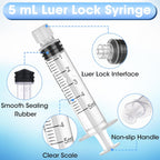 50Pack 5ml/cc Luer Lock Syringe without Needle, Plastic Syringe with Caps for Liquid, Sterile Individually Wrapped