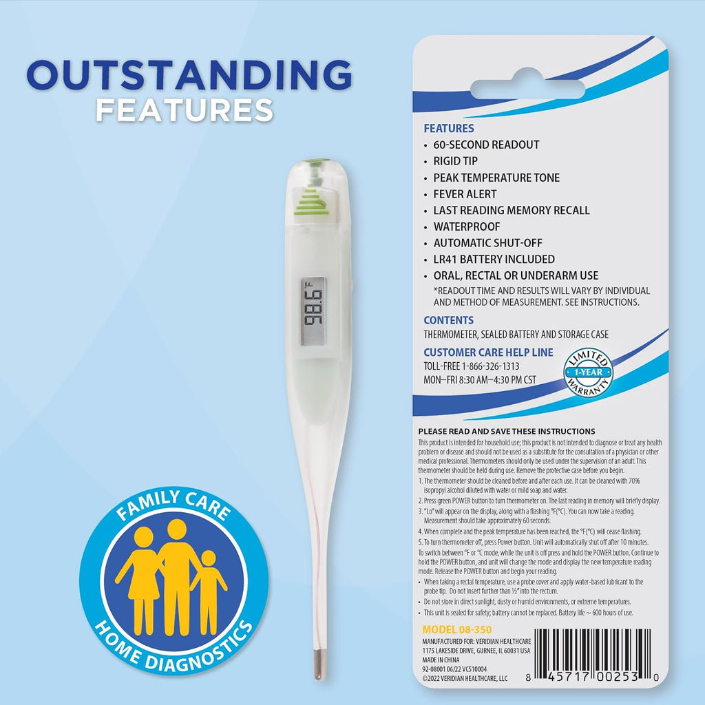 Digital Thermometer | 60-Second Readout | Fahrenheit Measurements | Rigid Tip | Fever Alert | One-Year Warranty | Waterproof Rigid Tip for Oral, Rectal & Underarm Use, Fever Alert at 100.0°F, Memory Recall, Storage Case