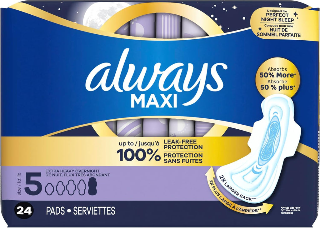 Always Maxi Overnight Pads with Wings, Size 5, Extra Heavy Overnight, Unscented, 72 Count