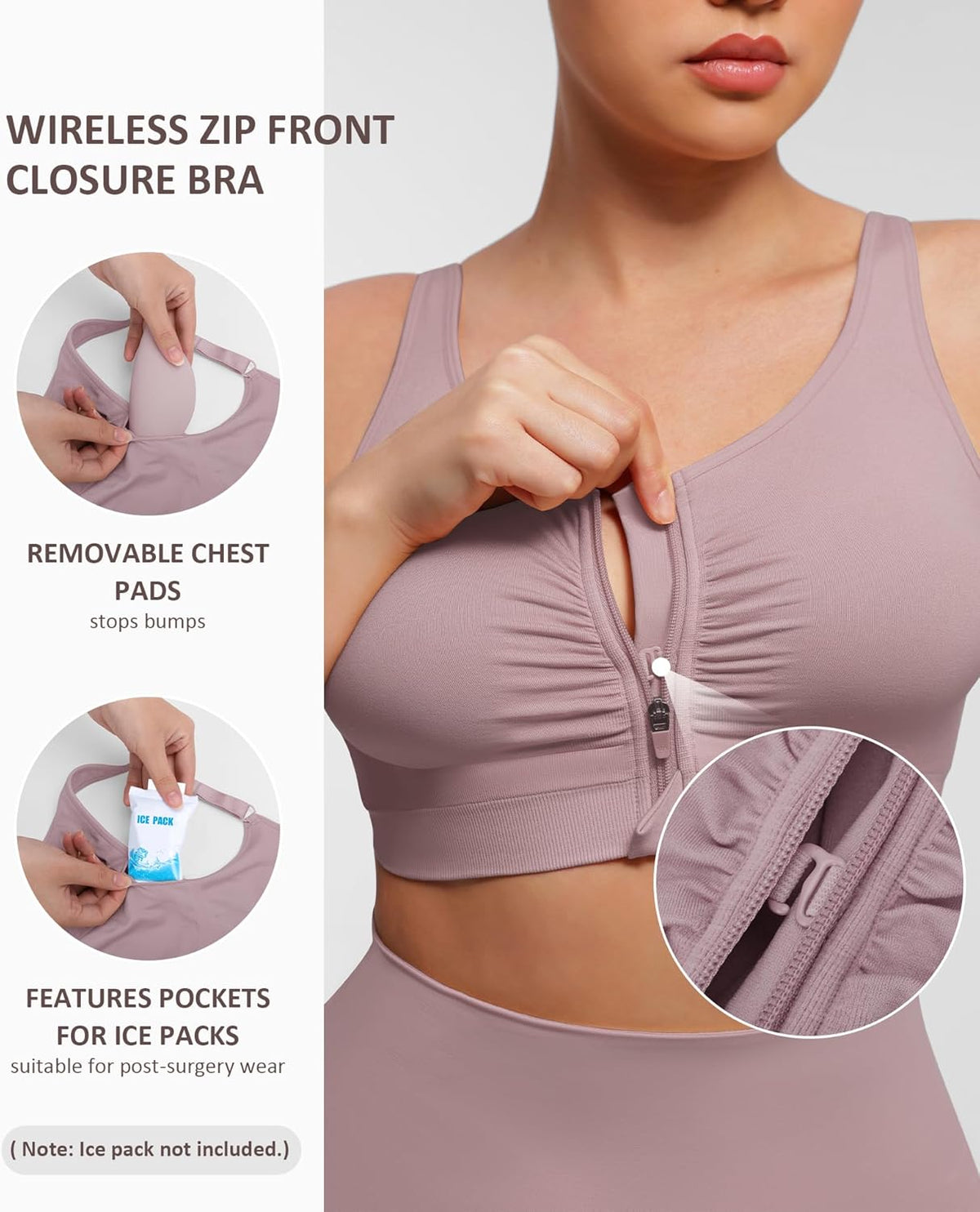 FeelinGirl Zip Front Closure Bras for Women No Underwire Compression Post Surgery Bra with Wide Adjustable Straps