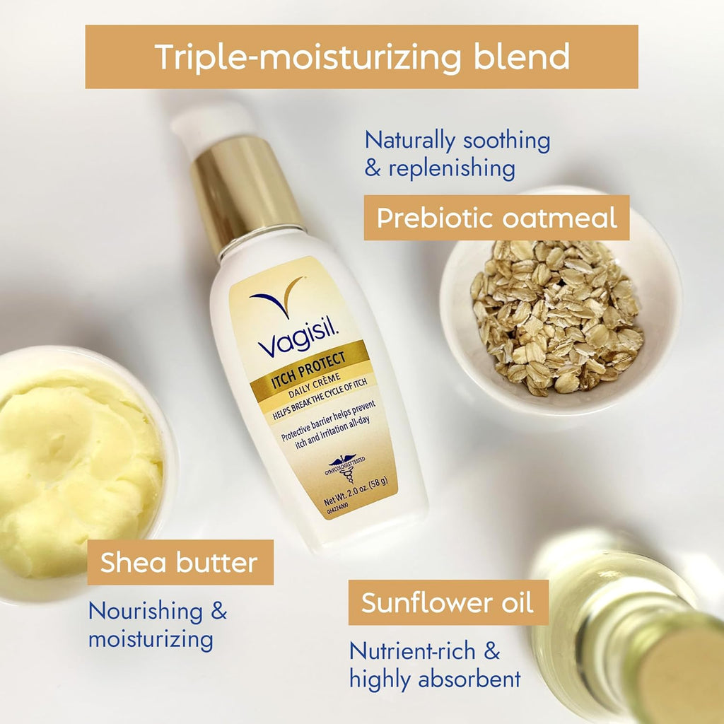 Vagisil Itch Protect Daily Creme with Prebiotic Oatmeal, Fragrance-Free Protective Formula with Shea Butter and Sunflower Oil, pH Balanced Fast-Absorbing Moisturizer, Hypoallergenic, 2 oz