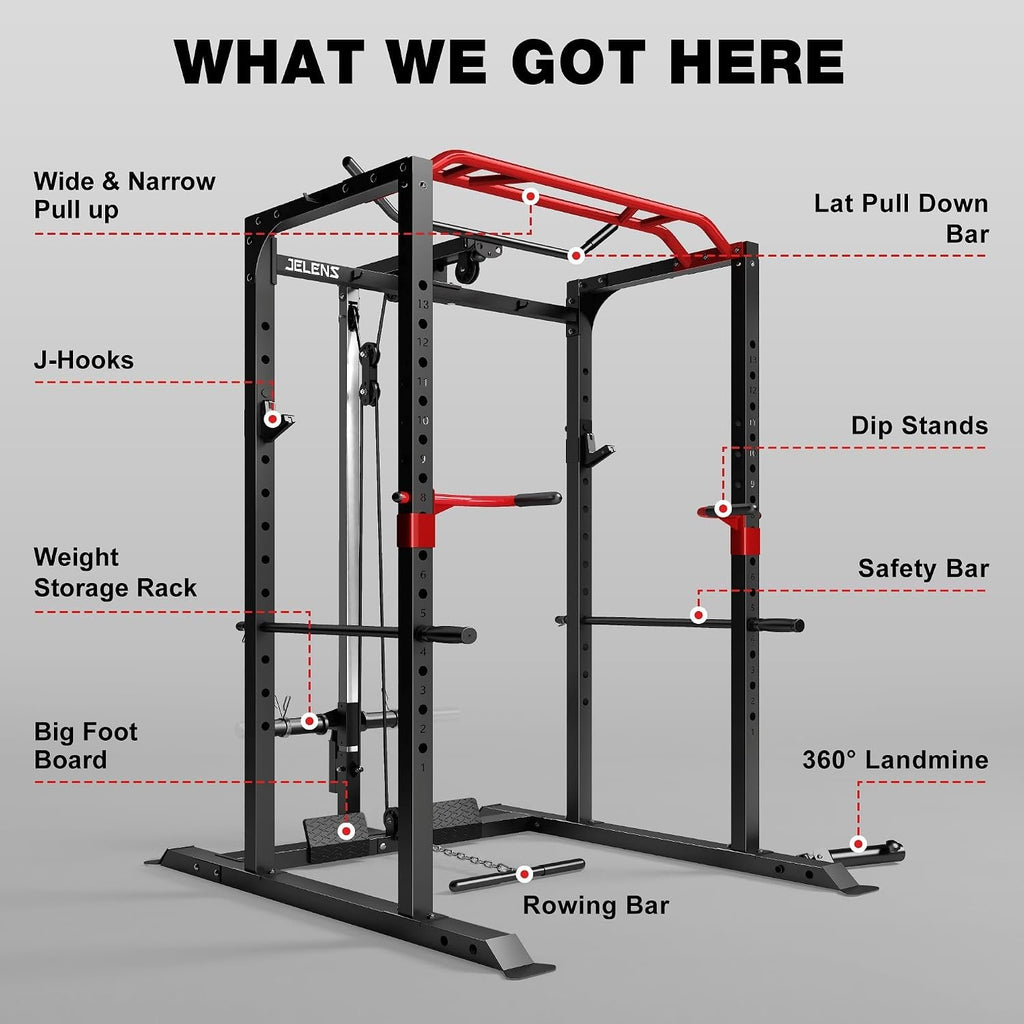 JELENS S11 Power Cage, 2000LB Multi-Function Power Rack with LAT Pulldown, Squat Rack with Adjustable Pulley System and Training Attachments, Weight Rack for Home Gym