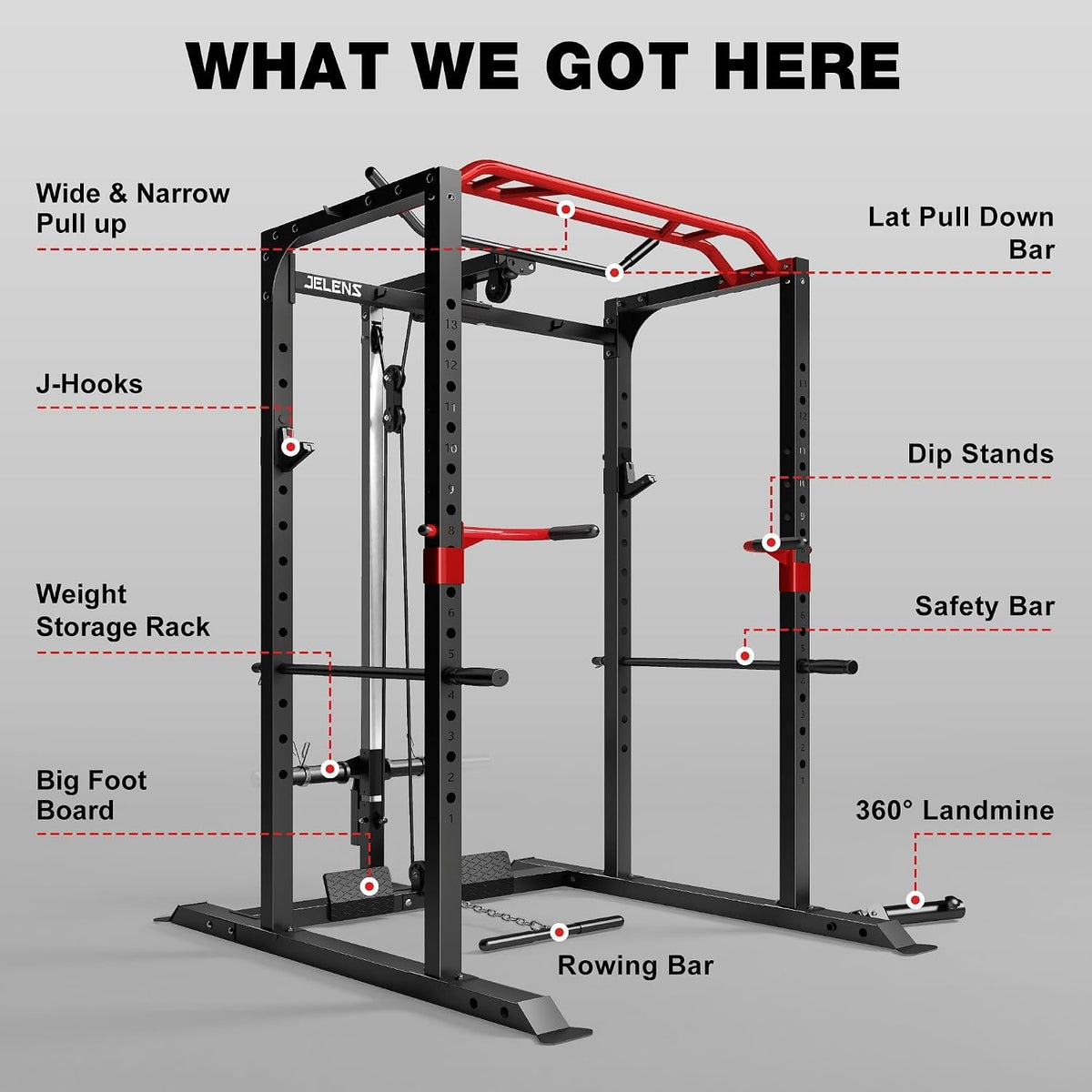 JELENS S11 Power Cage, 2000LB Multi-Function Power Rack with LAT Pulldown, Squat Rack with Adjustable Pulley System and Training Attachments, Weight Rack for Home Gym