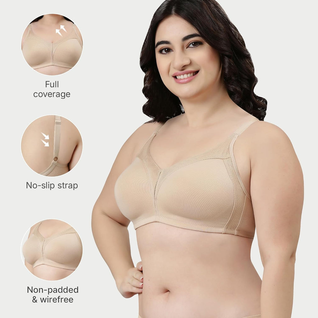 Enamor AB75 M Frame No Bounce Full Support Cotton Bra for Women - Non-Padded Non-Wired & Full Coverage with Cooling Technology | Available in Solid Colours