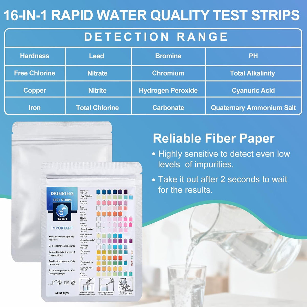 50 Pieces 16 in 1 Drinking Water Test Strips, 50 Tests for Water Quality Drinking Water Tester and 1 Test Tubes Quick Analysis PH Heavy Metals Nitrate Chlorine for Aquarium Tap