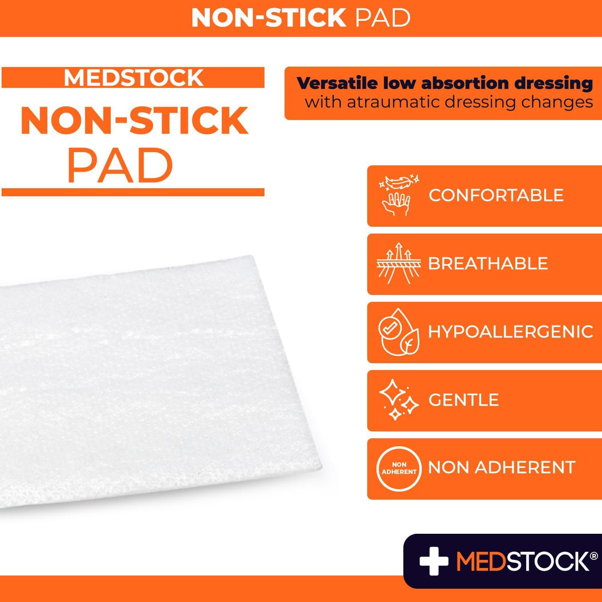 MEDSTOCK Non-Stick Pad, Gauze Pad Dressing, 10CM X 10CM, 100 Count, Non-Stick Wound Care, Surgical Grade, Fragile Tissue Protection, High Absorption, Porous Film Skin Contact Layer, Non Woven Fabric