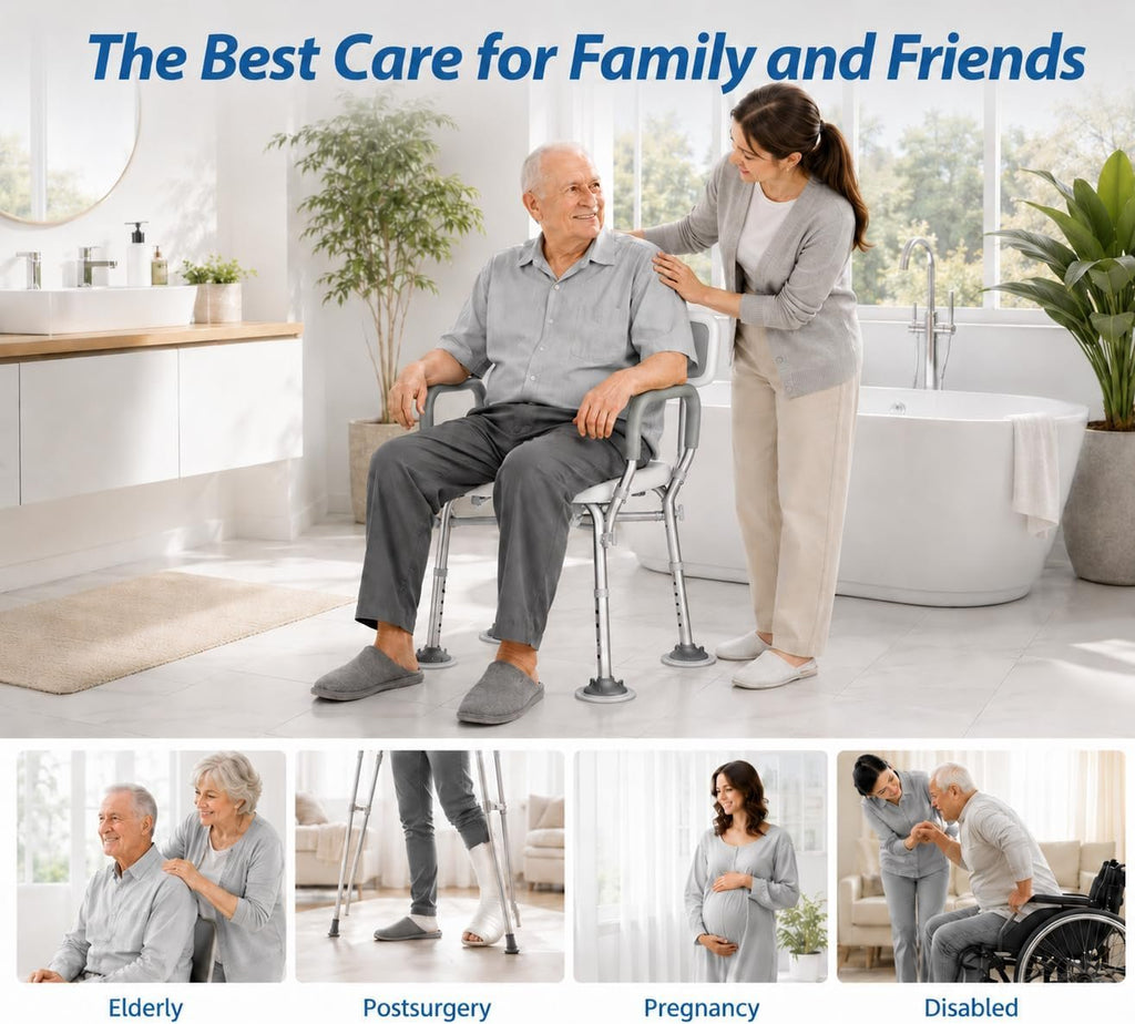 550lb Adjustable Shower Chair with Arms, Back and Suction Cup Feet | 6 height settings from13.4–18.1in, reinforced crossbars and tool-free assembly for easier setup and daily bathing.