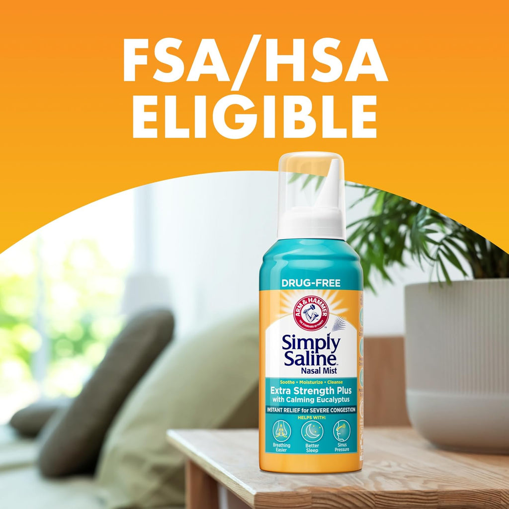 ARM & Hammer Simply Saline Extra Strength Plus Calming Eucalyptus, 4.6 oz | Nasal Mist, Severe Congestion, Saline Nasal Spray