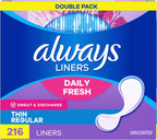 Always Panty Liners for Women Daily Liners, Regular Absorbency, Unscented, 216 Count