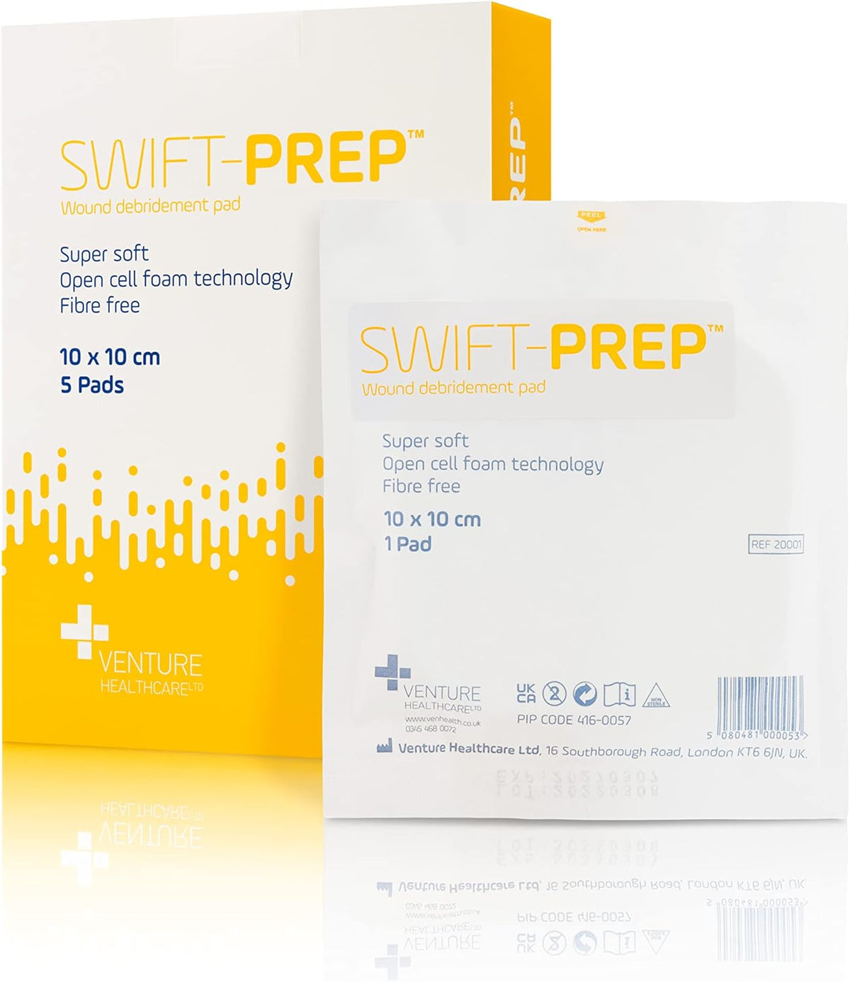Swift-Prep Wound Debridement Pad - 10cm x 10cm - Pack of 5 - Super Soft - Fibre Free - Highly Absorbent - Non-Adhesive - Foam Dressing