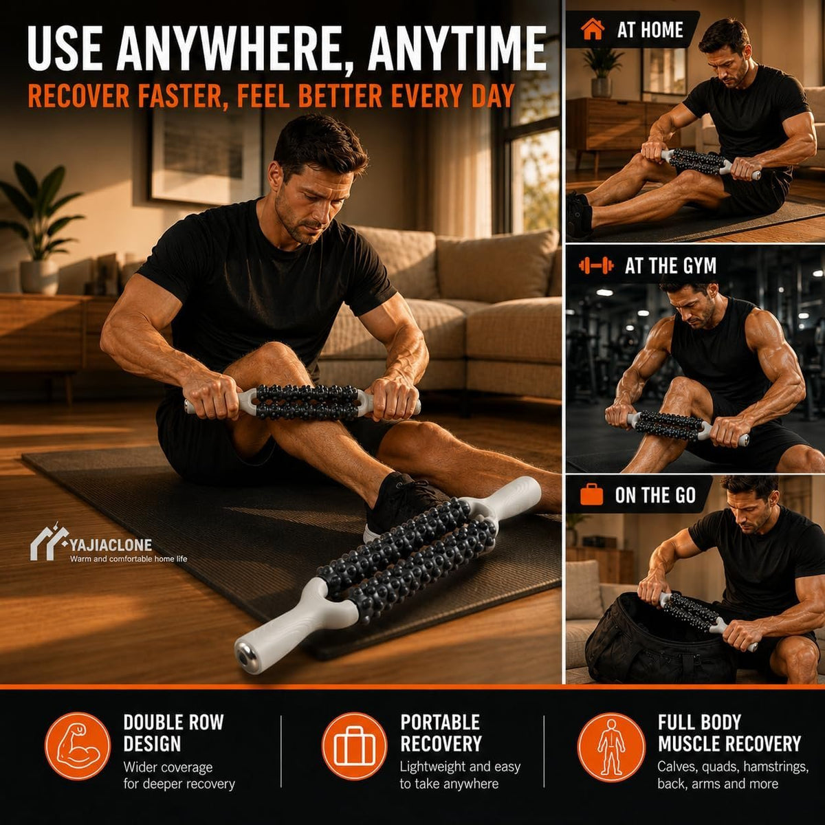 Muscle Roller Stick for Deep Muscle Recovery, Double Row Massage Roller | Double Row Design | Smooth Controlled Rolling | Large Muscle Coverage | Workout Recovery | Portable Recovery Tool