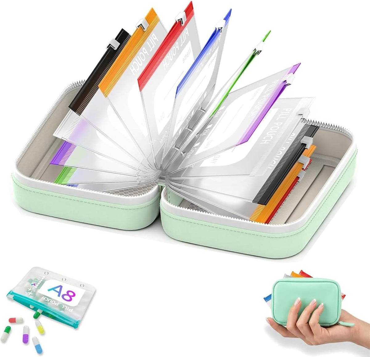 2026 New A8 Waterproof Pill Organizer Set,7 to 14 Days of Meds & Medicine Crush-Resistant Shell,Waterproof Pill Pouch Set-14pcs Bags Inside.?Green?