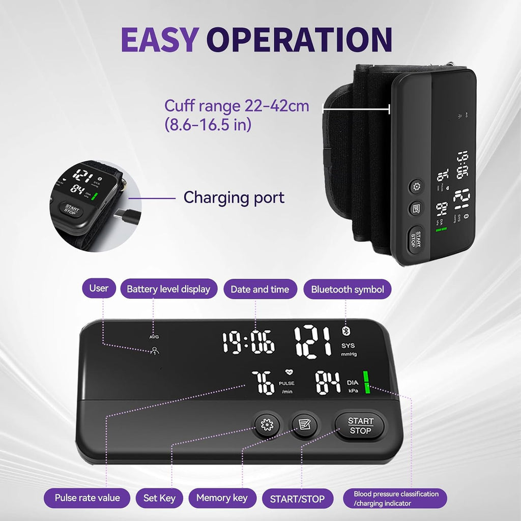 Wireless Blood Pressure Monitor Upper Arm Bluetooth Blood Pressure Machine, Ultralight Portable Rechargeable Blood Pressure Monitor, App Enabled iOS/Android BP Machine Cuff