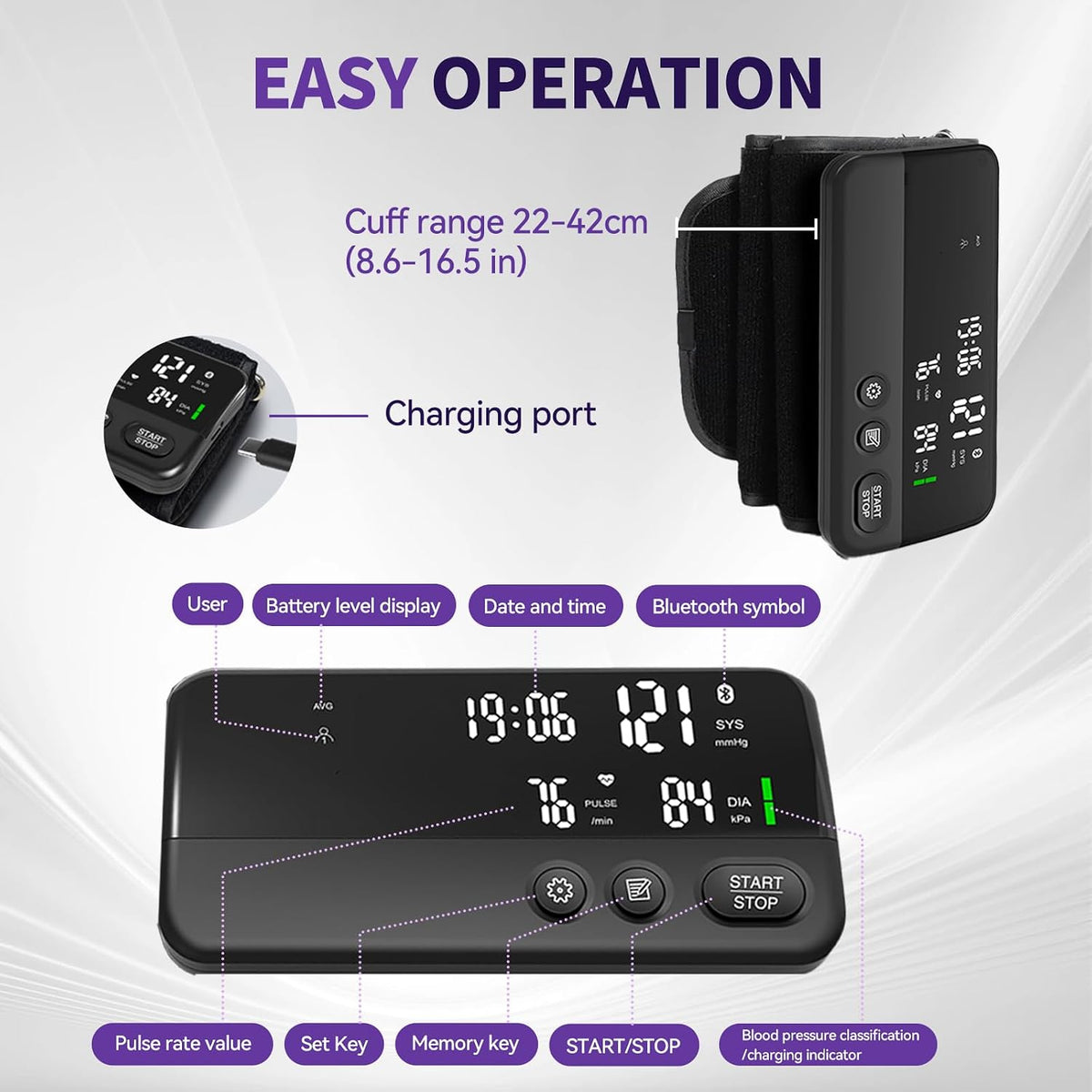 Wireless Blood Pressure Monitor Upper Arm Bluetooth Blood Pressure Machine, Ultralight Portable Rechargeable Blood Pressure Monitor, App Enabled iOS/Android BP Machine Cuff